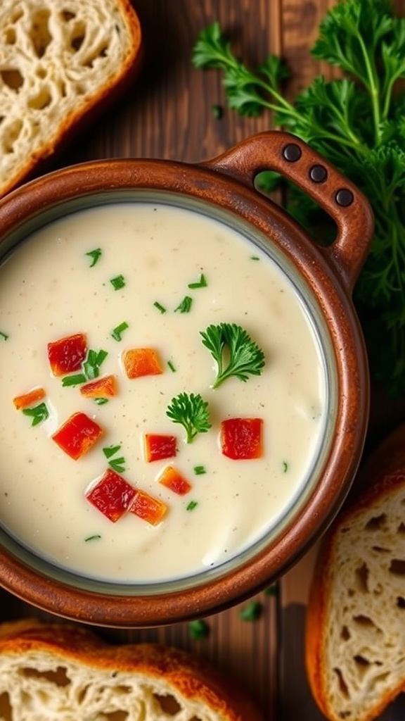 A bowl of creamy clam chowder with parsley and bacon, on a wooden table with bread.